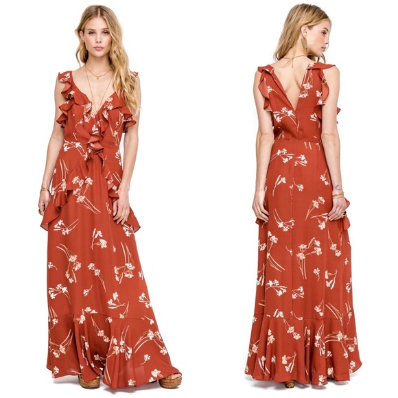Astr Dresses & Skirts - ASTR Sleeveless Ruffle Maxi Dress in Brown Slice Floral Print